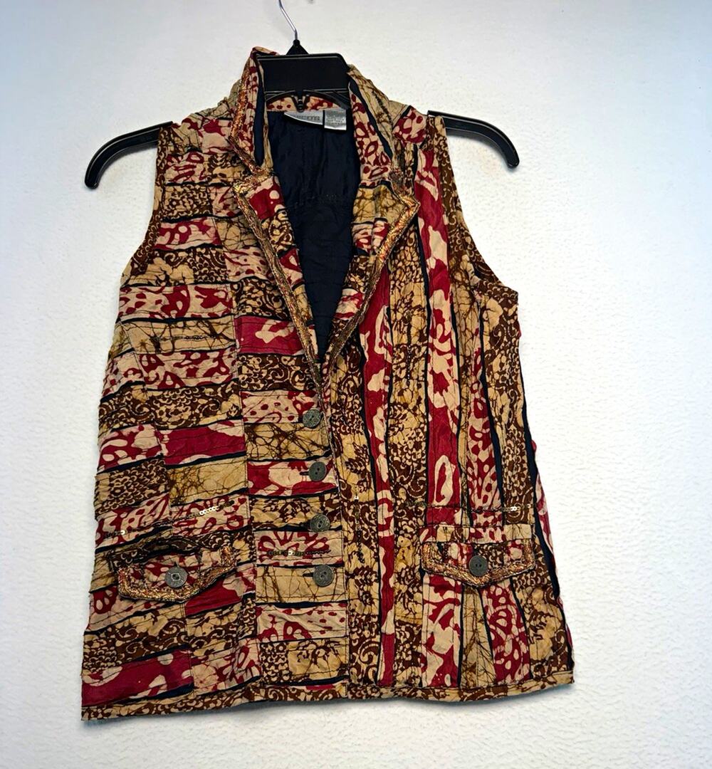 Chico's Quilted Patchwork Button Front beaded, artsy eclectic vest Size 0 earthy
